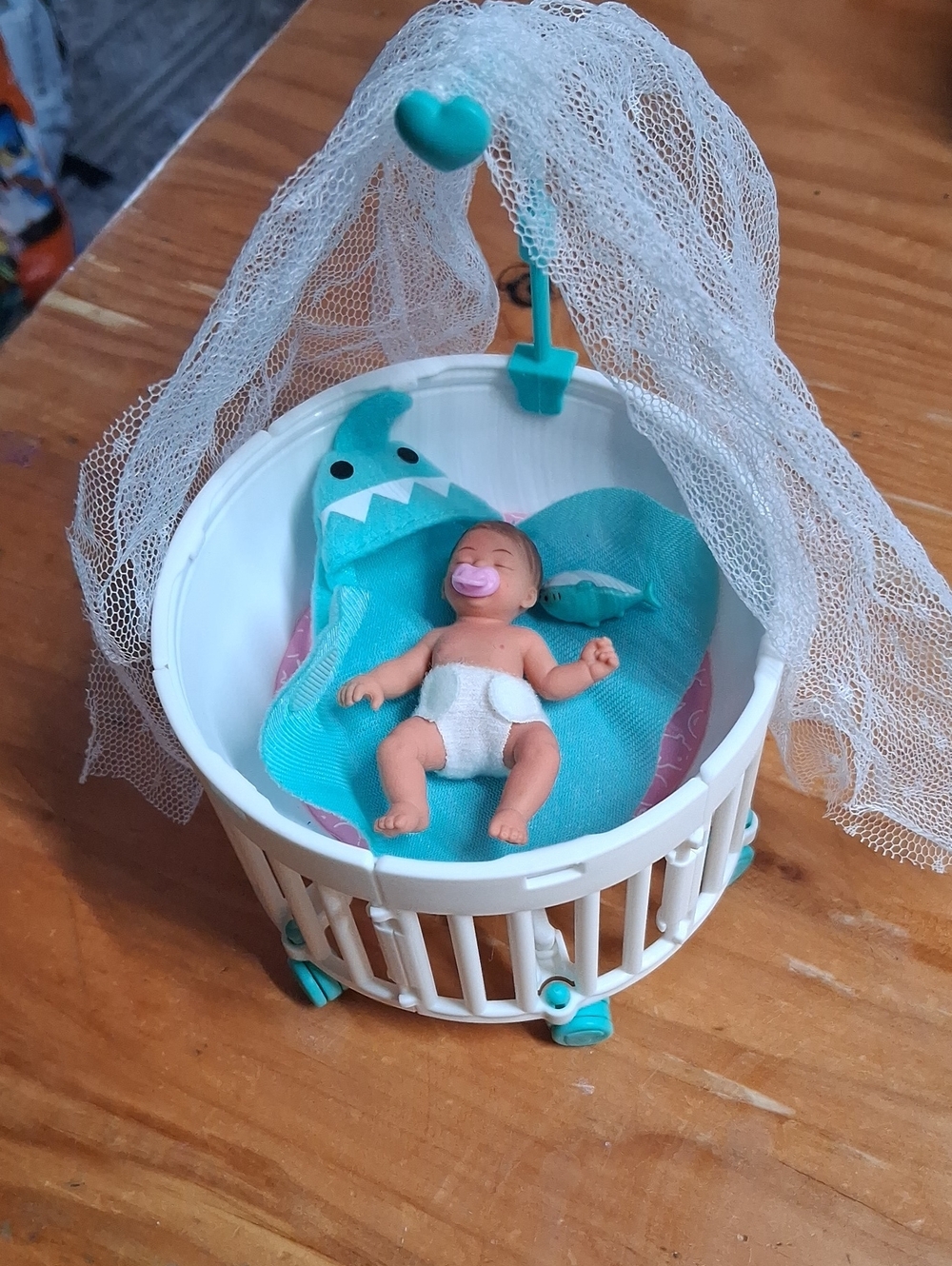 Baby Doll Bassinet with Teal Blue Bedding and Canopy